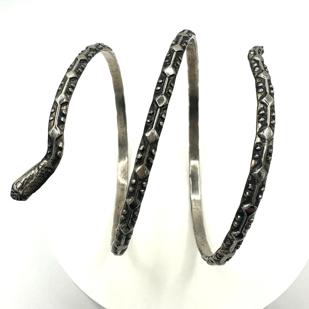 Vintage silver tone snake textured cuff bangle wrap bracelet adjustable 20.5”